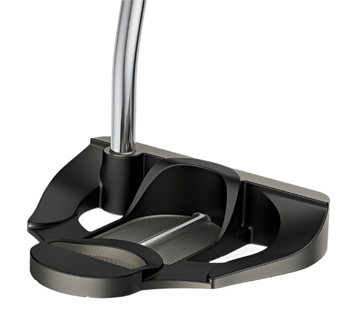 Black odyssey putter with a mallet head design and textured grip.odyssey putter: black odyssey putter with a mallet head design and textured grip.
