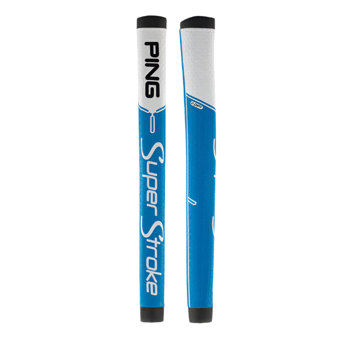 Blue and white superstroke golf grip with black accents, designed for ping brand.