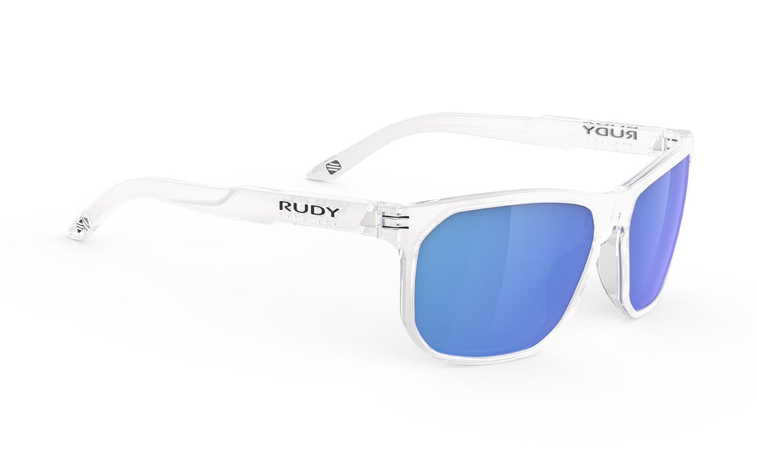 White and blue mirrored sunglasses with ’rudy’ branding.