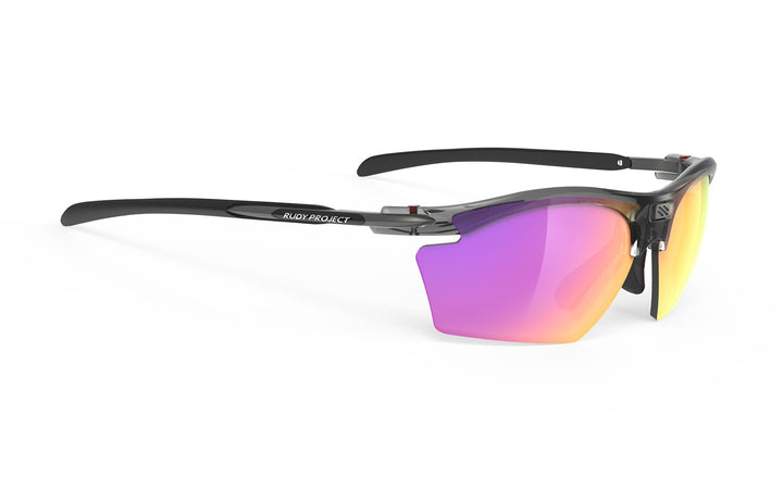 Black and purple reflective sunglasses with a sleek, modern design.