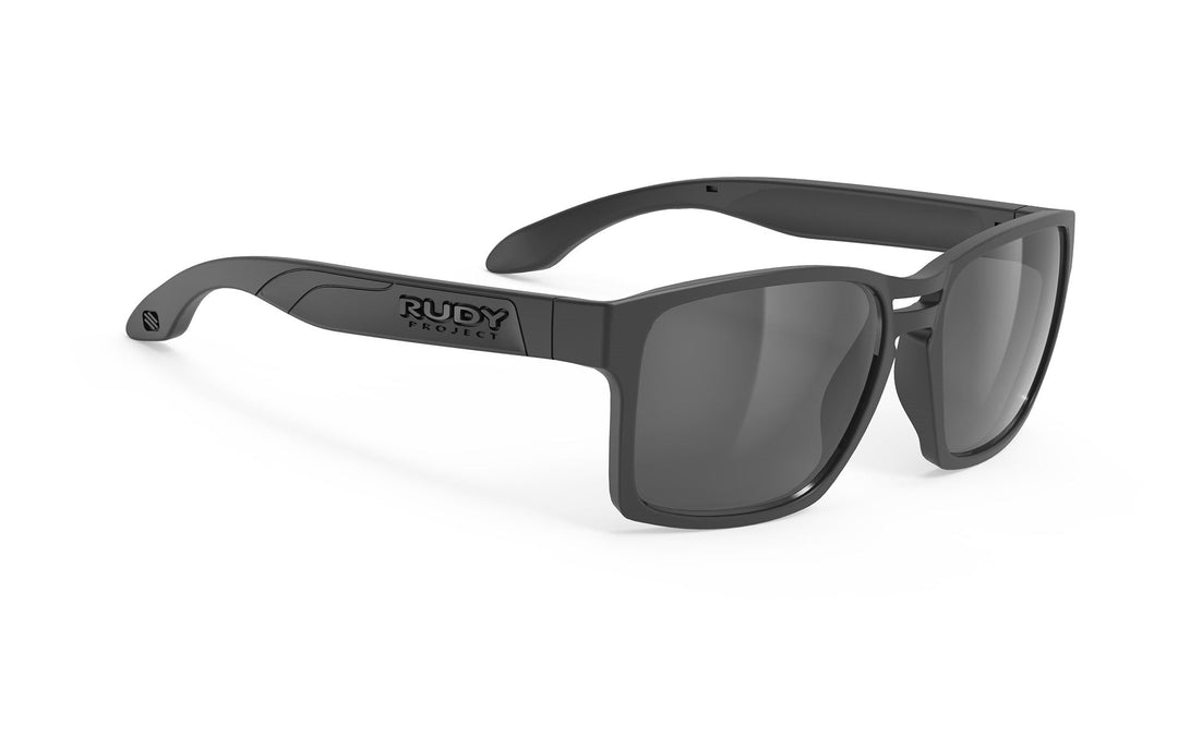 Black Rudy Project Spinair 57 sunglasses with ruby logo on rubberized arms
