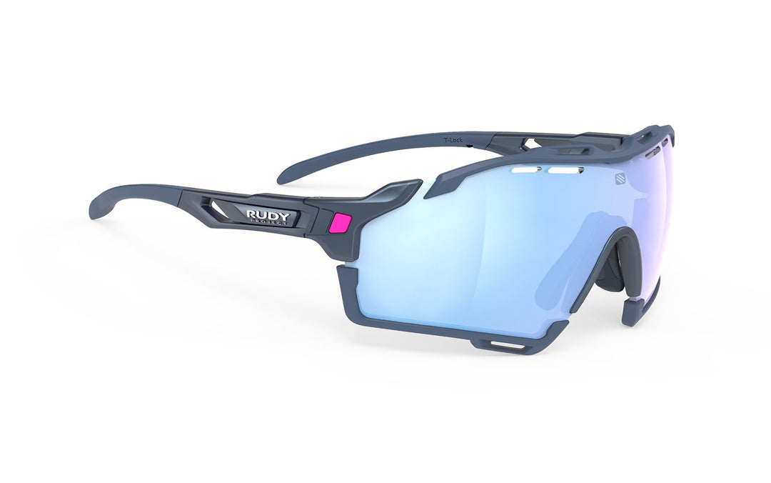 Black and pink rudy project tralyx+ sunglasses with blue lenses.