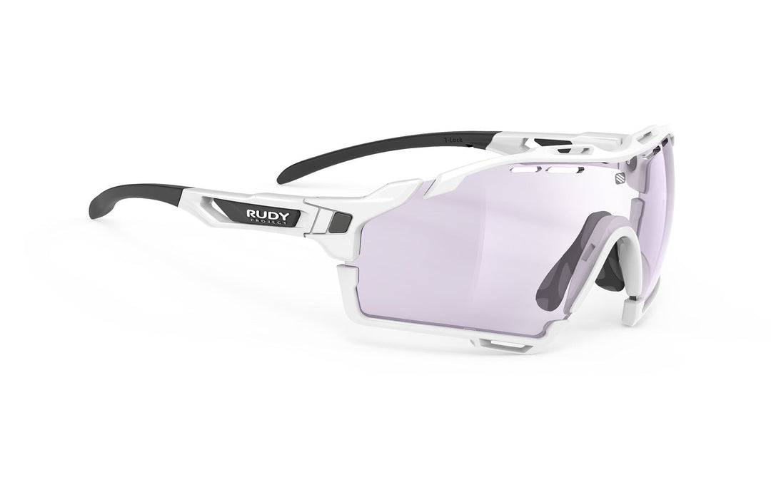 White and black Rudy Project Cutline sunglasses with purple lenses