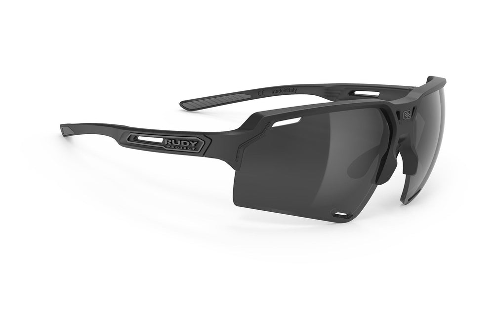 Matte black Rudy Project sunglasses with smoke lenses and adjustable nose pads