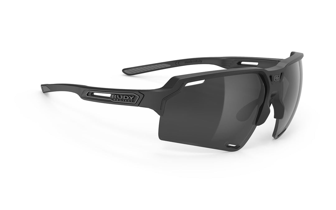 Matte black Rudy Project sunglasses with smoke lenses and adjustable nose pads