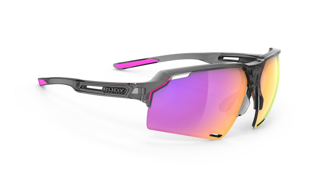 Black and pink rudy project sunglasses with multilaser lenses.