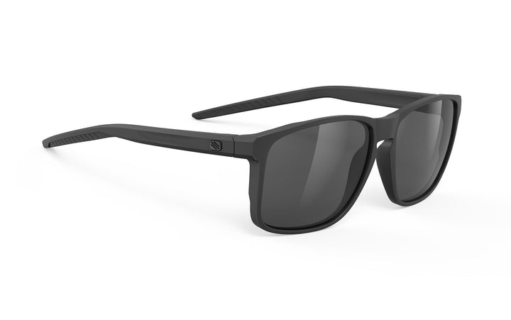 Black rectangular Rudy Project Overlap sunglasses with dark matte lenses
