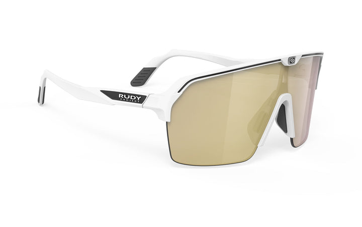 White and black rudy sunglasses with gold lenses.