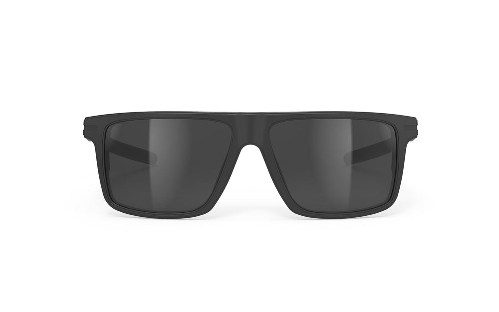 Black rectangular Rudy Project Stellar sunglasses with dark lenses and matte finish