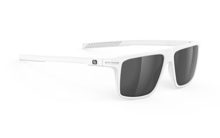 White matte Rudy Project Stellar sunglasses with black lenses and silver logo