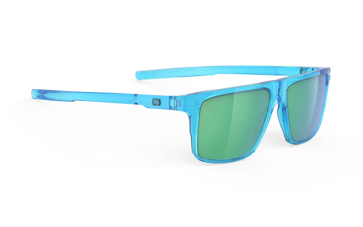 Blue translucent Rudy Project Stellar sunglasses with green mirrored lenses