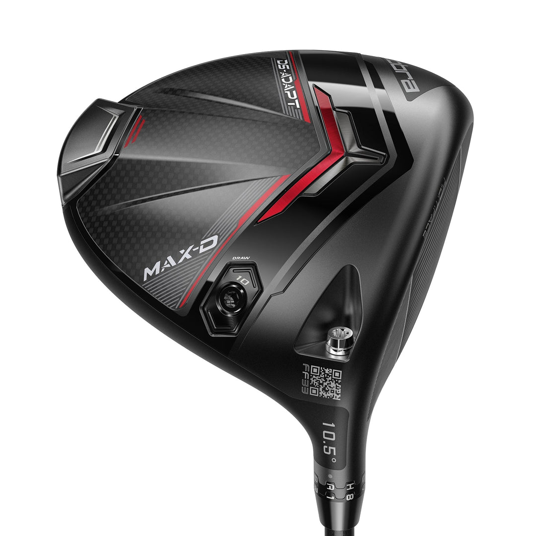 Black and red golf driver with a sleek design, featuring the max-d brand logo.