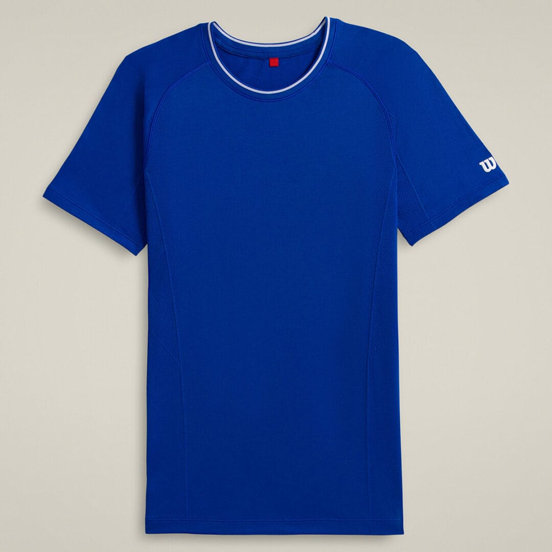 Royal blue Wilson mens seamless crew tennis shirt with white trim