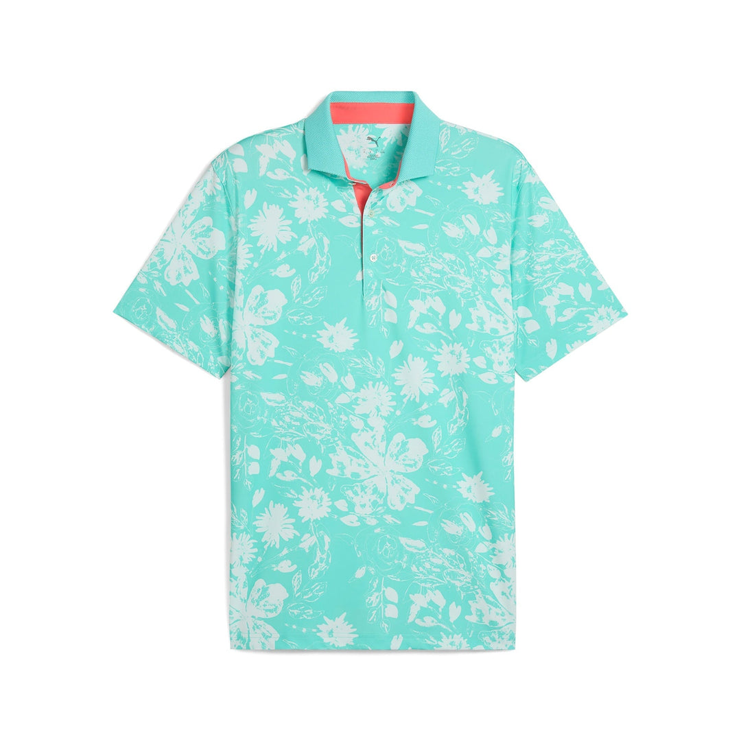 Mint green floral polo shirt with short sleeves and a zipper collar, likely made of cotton or polyester blend.