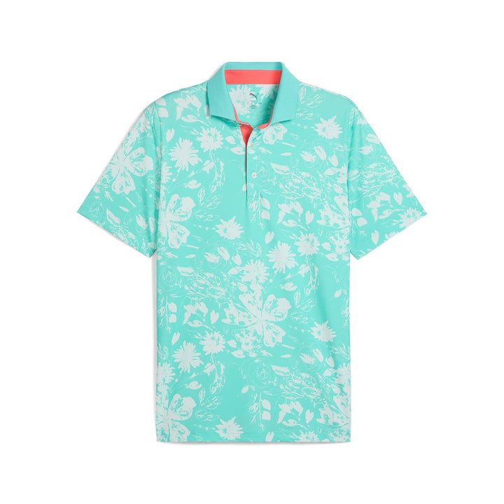 Mint green floral polo shirt with short sleeves and a zipper collar, likely made of cotton or polyester blend.