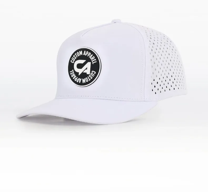 Custom Apparel Performance Peak Caps | Round Badge | White.webp
