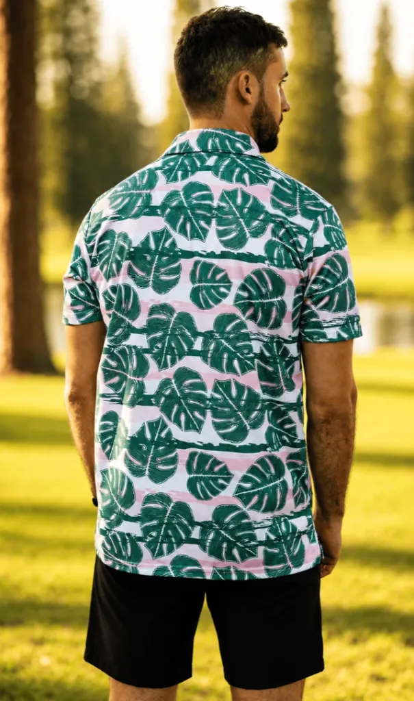 Custom Apparel Mens Golf Shirt | Dryflex | Palm Setting | Pink-White-Green......webp
