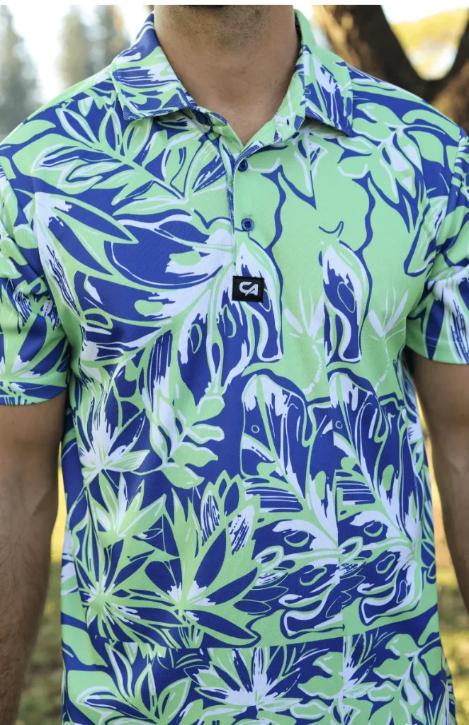 Custom Apparel Mens Golf Shirt | Dryflex | Birdie Blossom | Blue-Green-White.webp