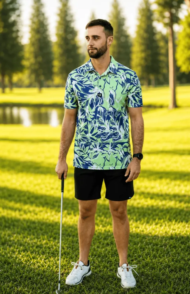 Custom Apparel Mens Golf Shirt | Dryflex | Birdie Blossom | Blue-Green-White..webp