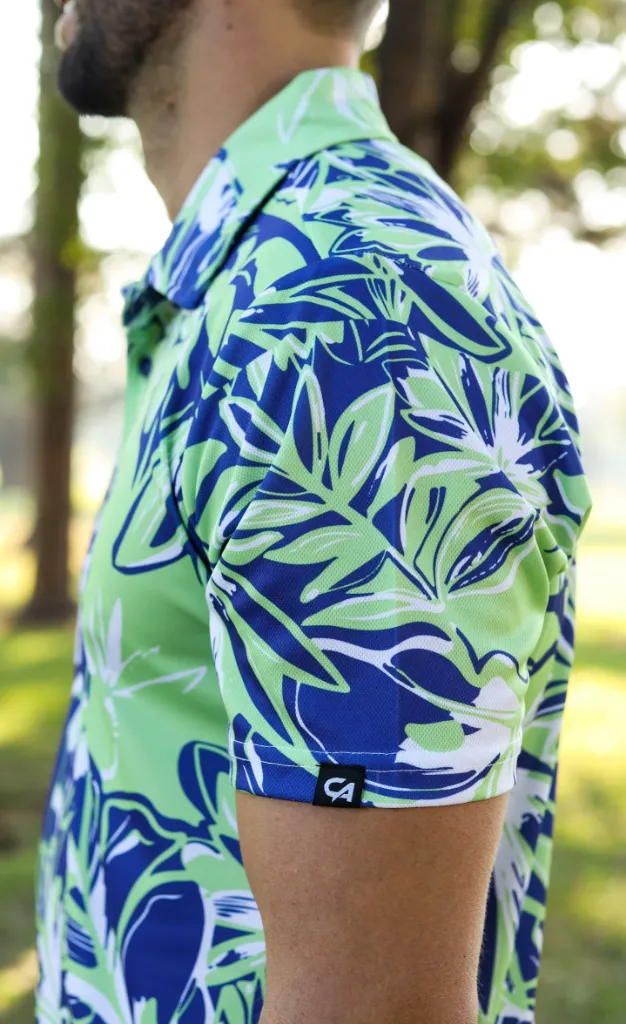 Custom Apparel Mens Golf Shirt | Dryflex | Birdie Blossom | Blue-Green-White......webp