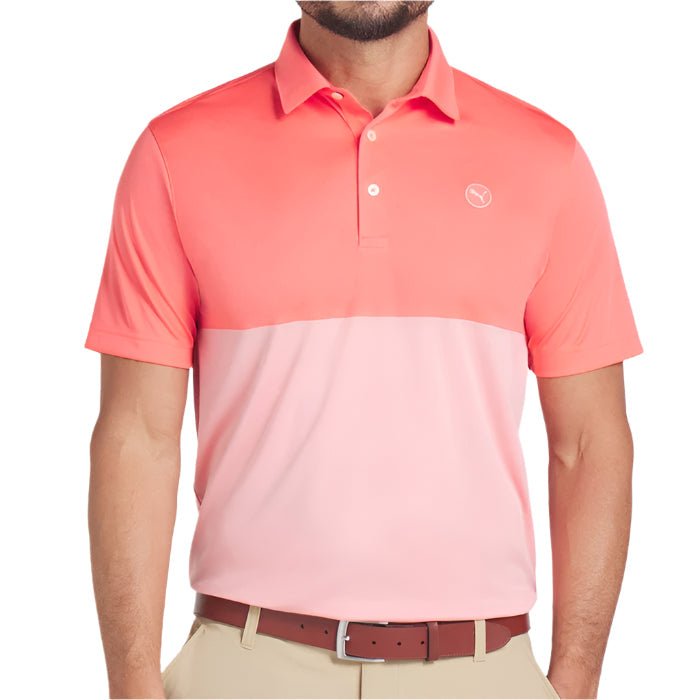 [62932302] Puma Mens Golf Shirt | Pure 2.0 Colorblock Polo | Peach Frost-Pink Fruit (S)