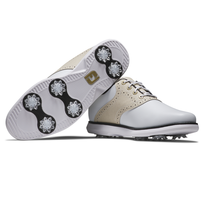 [97939065W] Footjoy Womens Golf Shoes | Traditions | White-Tan-Black 77 (UK6.5)