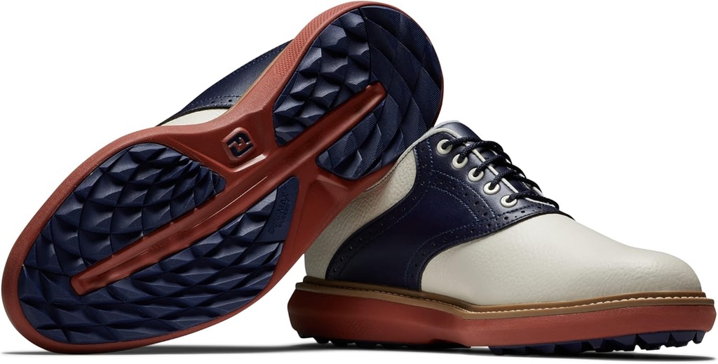 [57925105M] Footjoy Mens Golf Shoes | Traditions | Spikeless | White-Navy-Brick f6 (UK9.5)