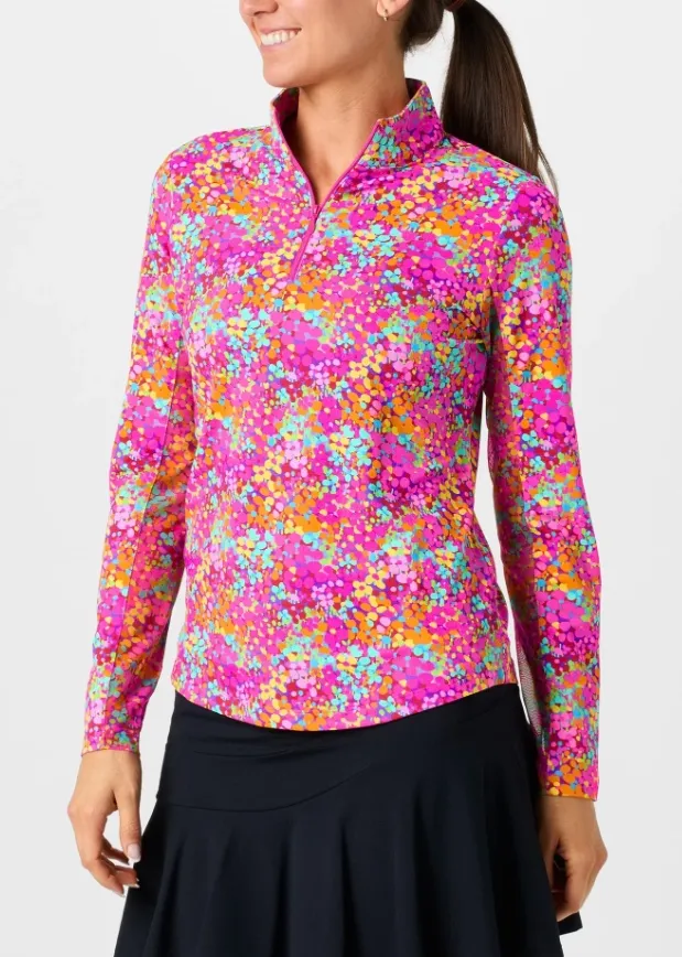 [Z-IBK10112HP-S] Ibkul Womens Golf Shirts | Allana Long Sleeve Zip | Mock | Hot Pink-Multi (S)