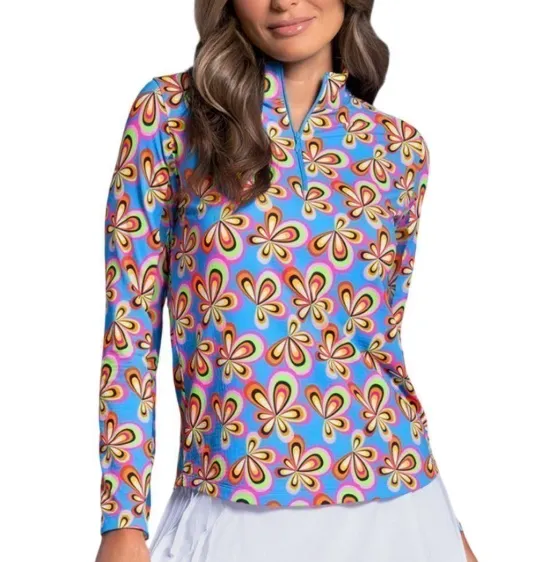 [Z-IBK10109TUR-S] Ibkul Womens Golf Shirts | Arya Long Sleeve Zip | Mock | Turquoise-Multi (S)