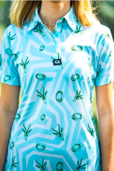 Custom Apparel Womens Golf Shirt | Funky | Springbok | Turquoise White