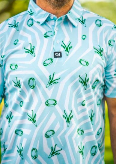 Custom Apparel Mens Golf Shirt | Funky | Springbok | Turquoise White