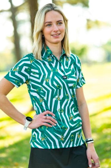 [97281627] Custom Apparel Womens Golf Shirt | Funky | Springbok | White-Green (S)