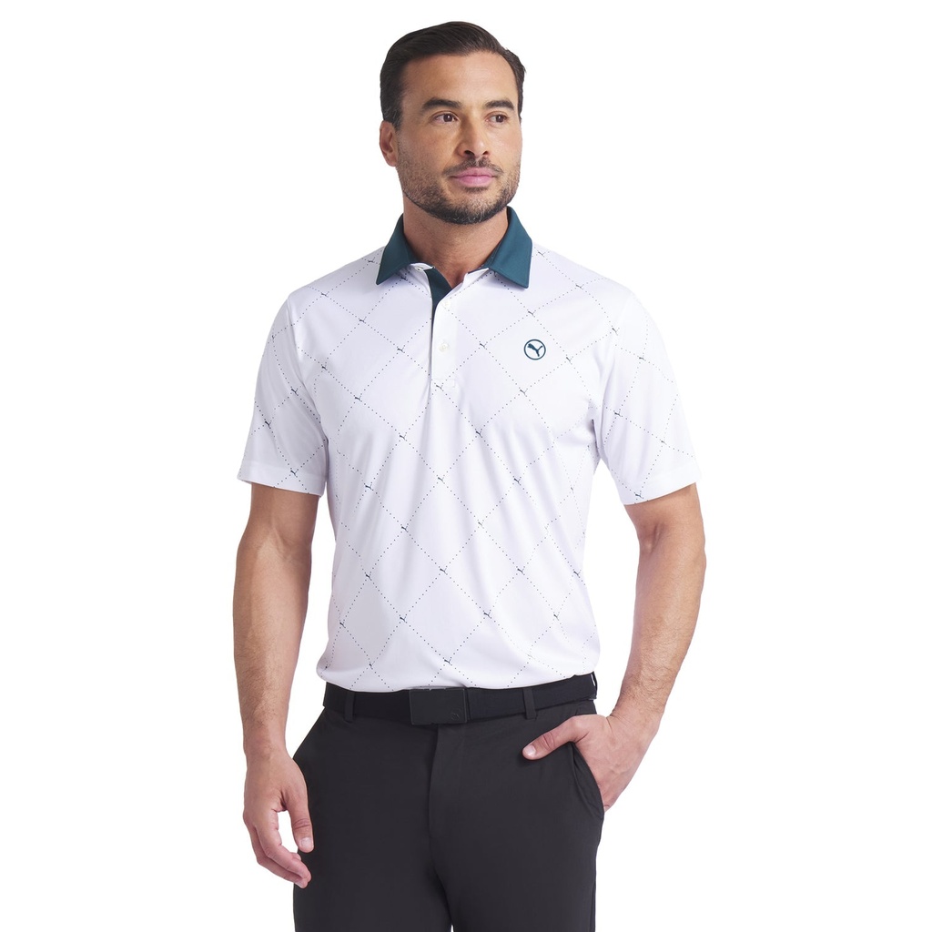 Puma Mens Golf Shirt | Pure 2.0 Argyle Polo | White Glow-Green Terrain