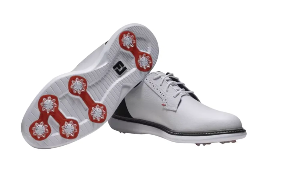 [57979075M] Footjoy Mens Golf Shoes | Traditions Blucher | White-Black-Red (UK6.5)