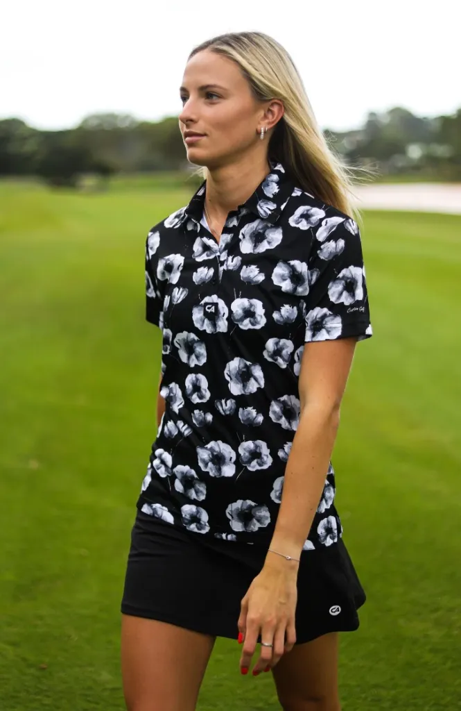 [HOS-2080] Custom Apparel Womens Funky Golf Shirt | Black Poppies (S)