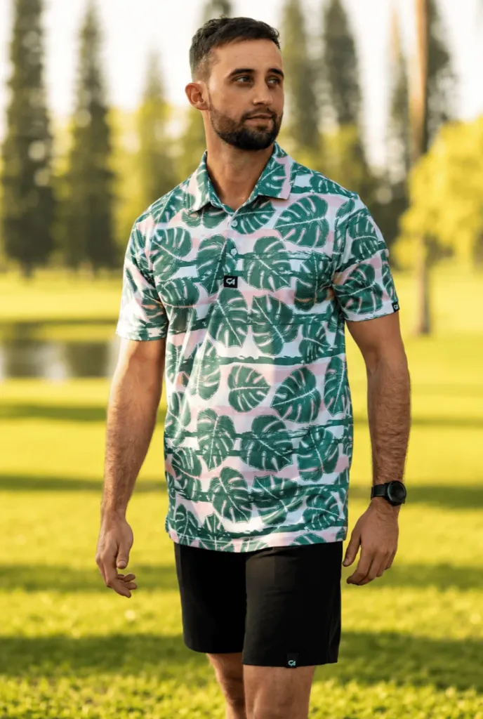 Custom Apparel Mens Golf Shirt | Dryflex | Palm Setting | Pink-White-Green