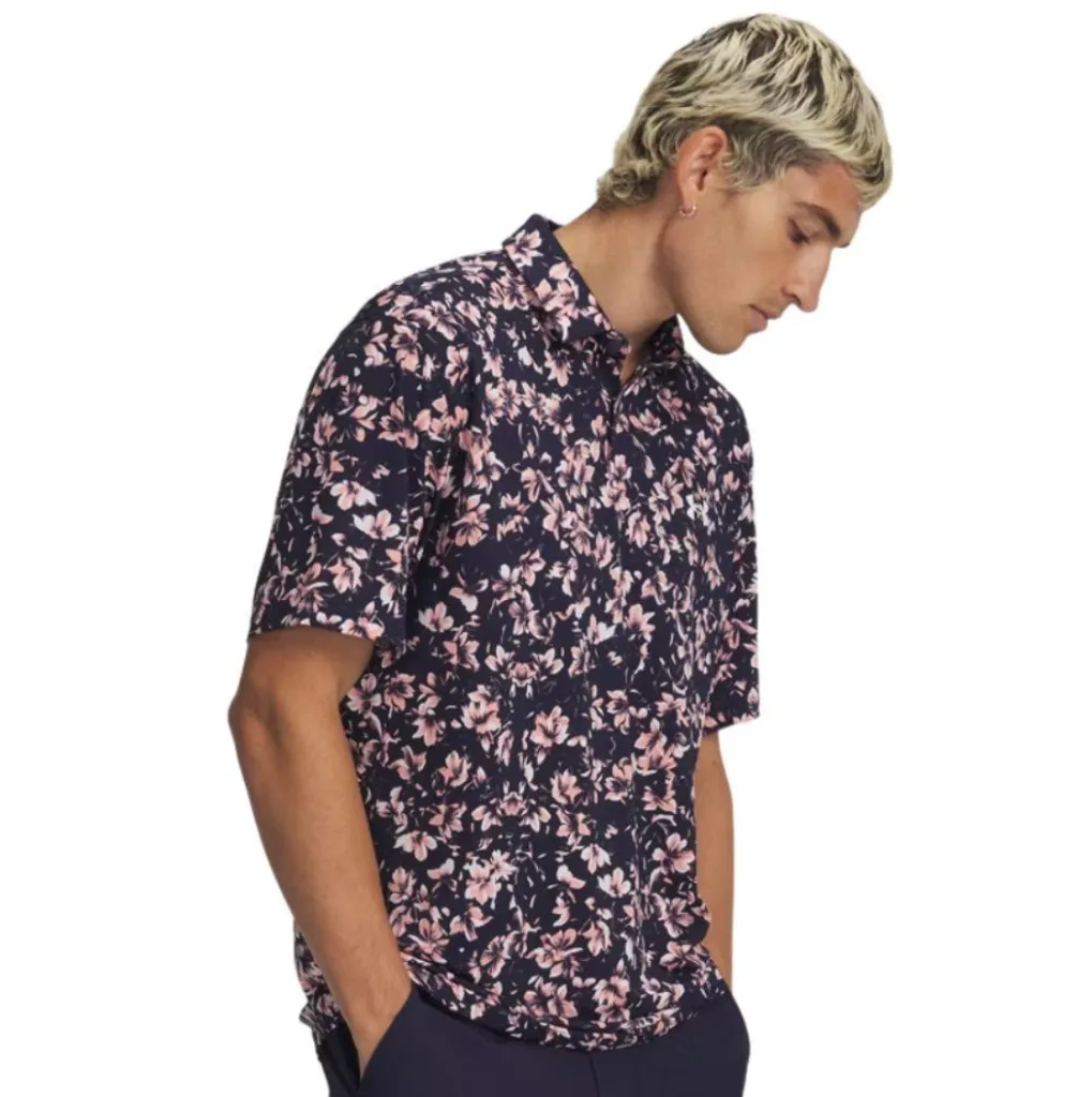 [6009800-410-MD] Under Armour Mens Golf Shirt | Matchplay Printed Polo | Midnight Navy-Pink (M)
