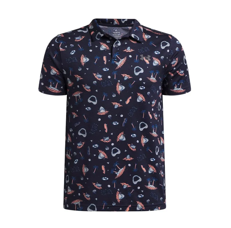 Under Armour Junior Golf Shirt | Matchplay Printed Polo | Midnight Navy-Pink