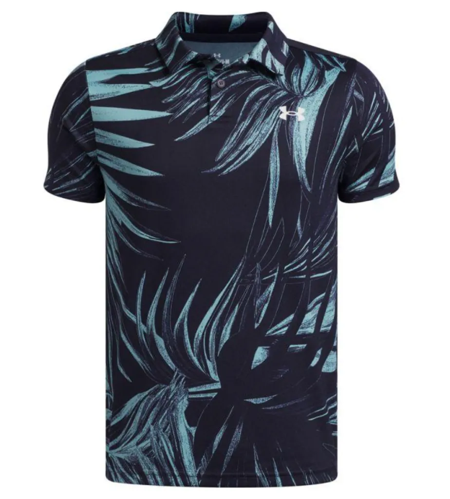 [6009817-411-SM] Under Armour Junior Golf Shirt | Matchplay Printed Polo | Midnight Navy-Teal (S)