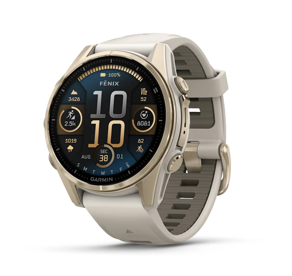 [010-02903-12] Garmin Fenix 8 Watch | 43mm | AMOLED Soft Gold Fog Grey-Dark Sandstone band